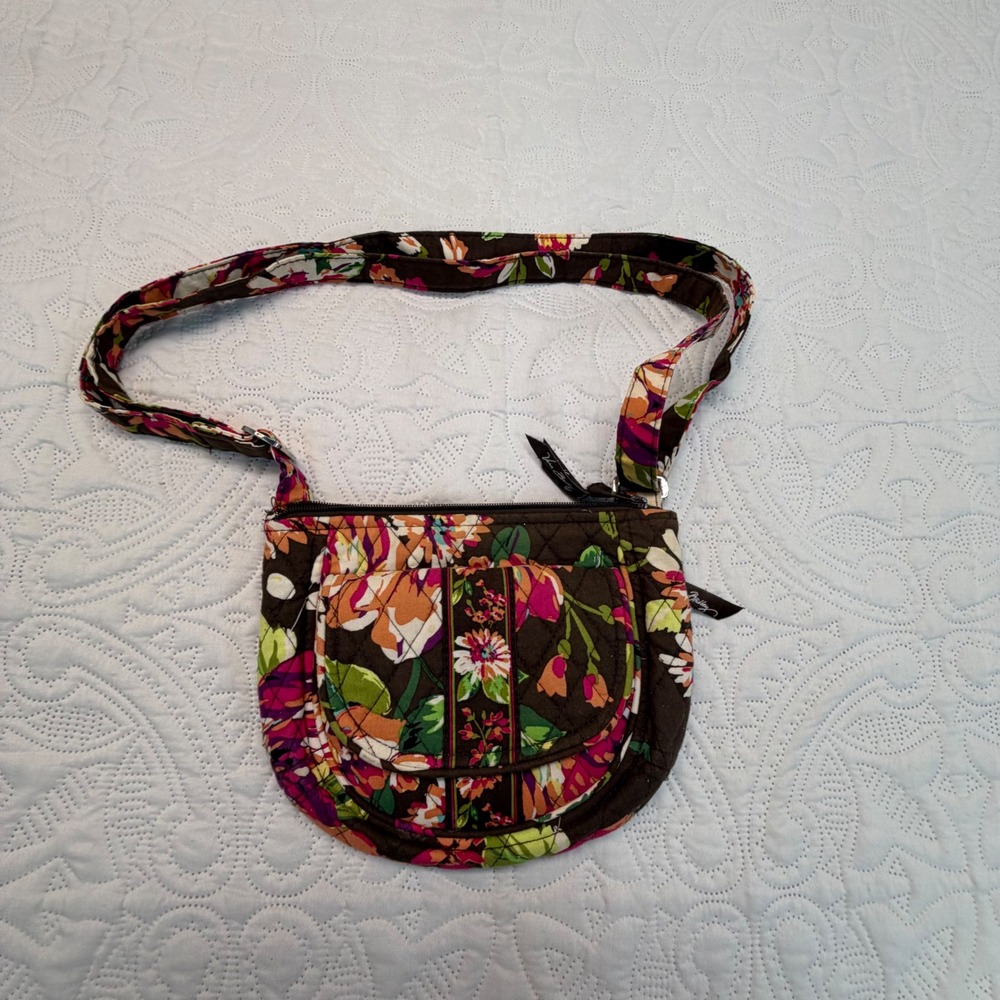 Vera Bradley Quilted Floral Crossbody Bag Brown Pink Orange Small Messenger